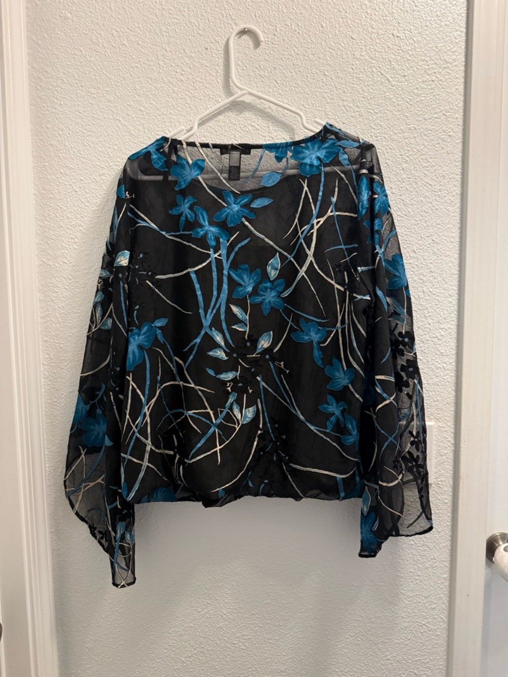 Alfani Black Sheer Blouse with Teal Floral Print - Picture 4 of 8